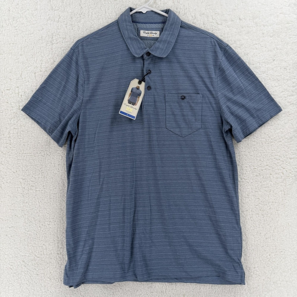 English Laundry Polo Shirt Mens Large Blue‎ Indigo Fog Stripe Pocket Casual Knit